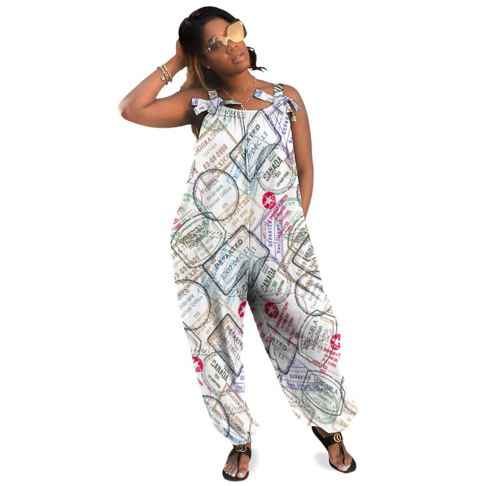 Passport Stamps Travel Boho Vintage Loose Overall Corset Jumpsuit Without Top