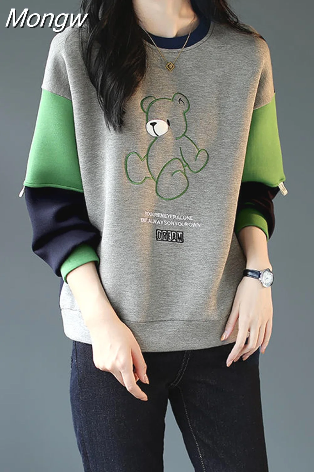 Mongw Embroidery Spliced Warm All-match T-Shirt Female Clothing 2023 Autumn New Loose Casual Pullovers Tops Korean Tee Shirt