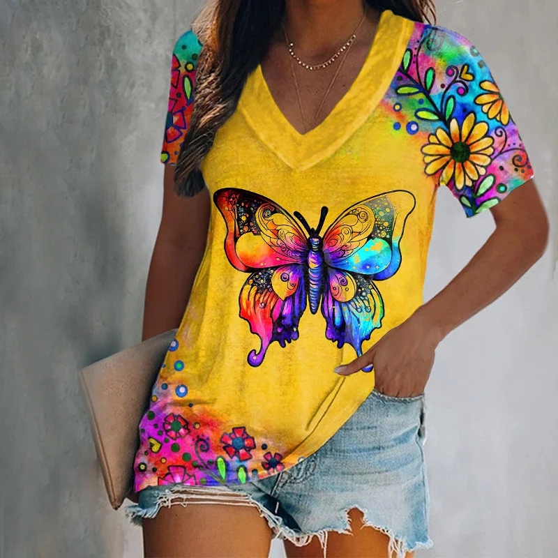 Sunflower Butterfly Colorful Print V-Neck T-Shirt