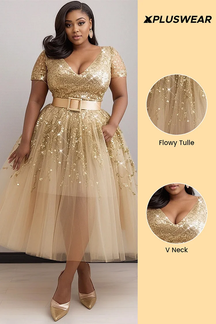 Xpluswear Design Plus Size Cocktail Party Champagne V Neck Short Sleeve Elegant Tulle Midi Dresses