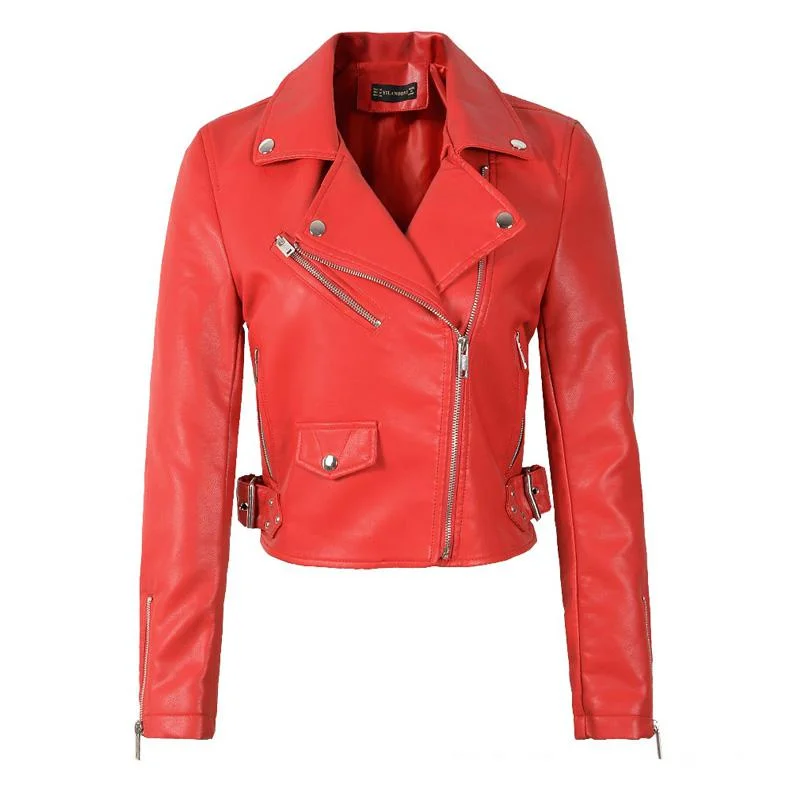 FTLZZ Women Black Faux Leather Jackets Pu Motorcycle Zipper Faux Soft Leather Rivet Zipper Red Pink Turn-down Collar Outerwear
