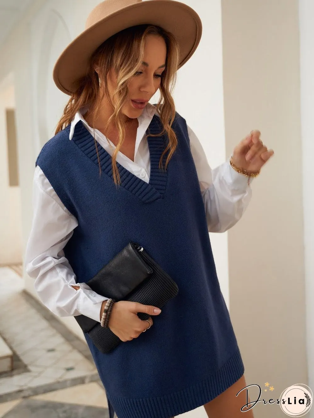 Navy Blue Ribbed Knitted Sleeveless Vest Sweater