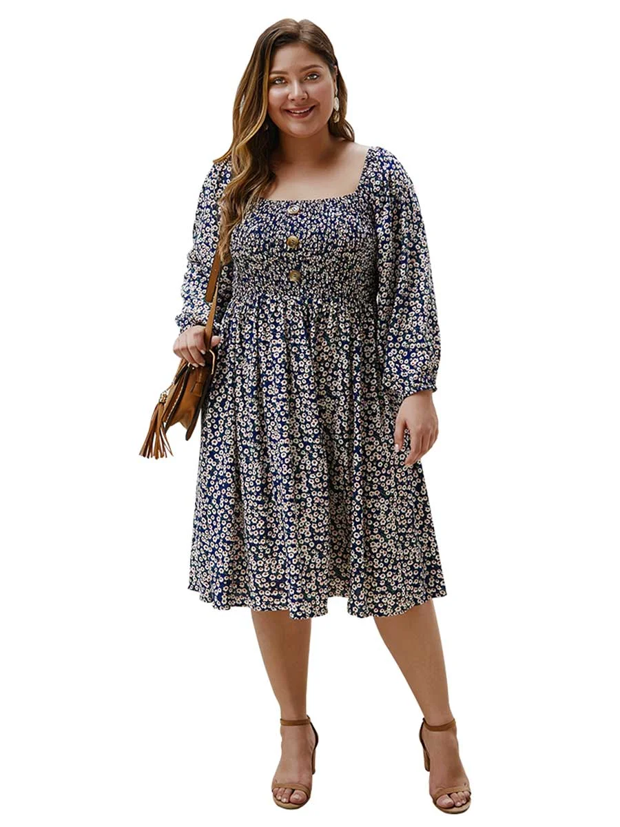 Plus Size Dress Floral Square Collar Button Front Knee-length Dress