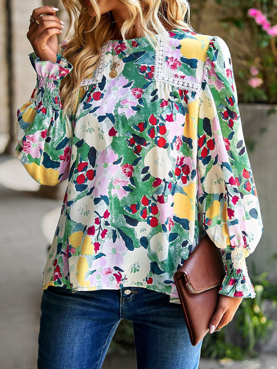 Women Long Sleeve V-neck Graphic Floral Printed Top