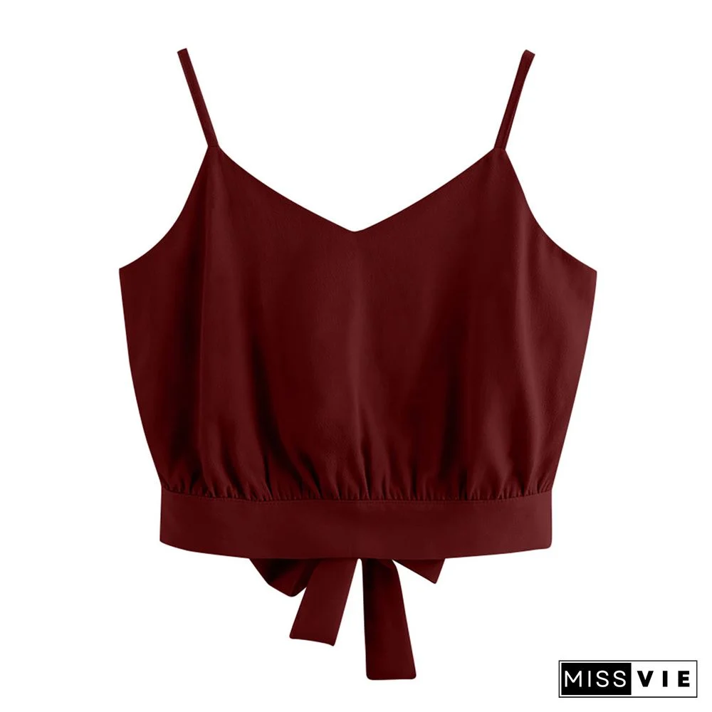Sexy Tops Womens Tank Top Summer Bow Tie Crop Top Female V Neck Soild Color Camisole Thin Shoulder Strap Womens Tube Top