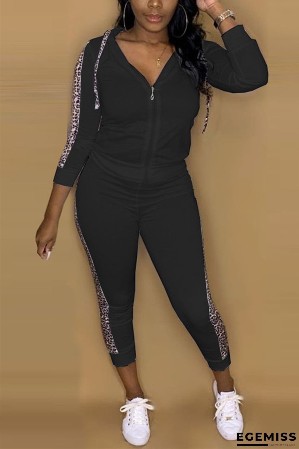 Black Fashion Casual Patchwork Patchwork Hooded Collar Long Sleeve Two Pieces | EGEMISS