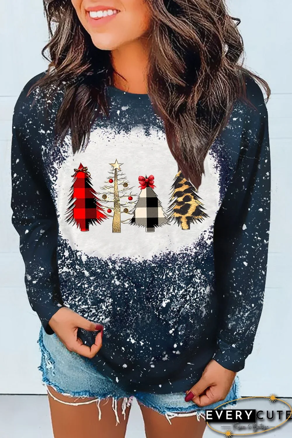 Navy Christmas Tree Print Tie-dyed Sweatshirt