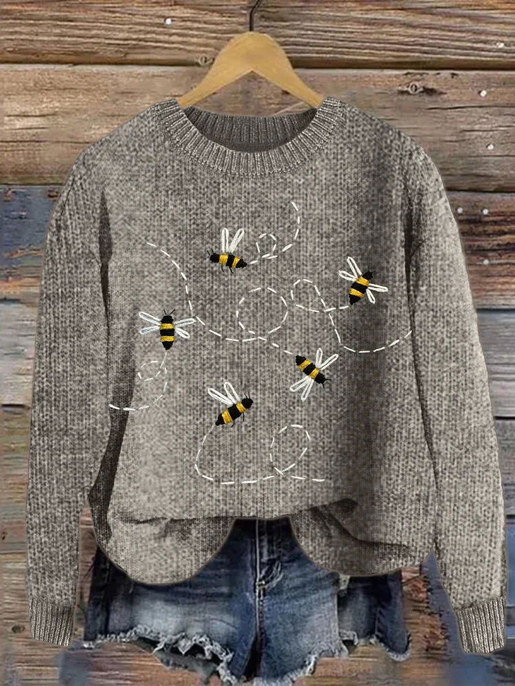 Comstylish Busy Bees Embroidery Art Cozy Knit Sweater