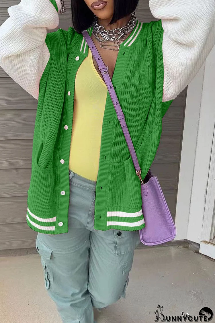 Green Casual Solid Patchwork Contrast Outerwear
