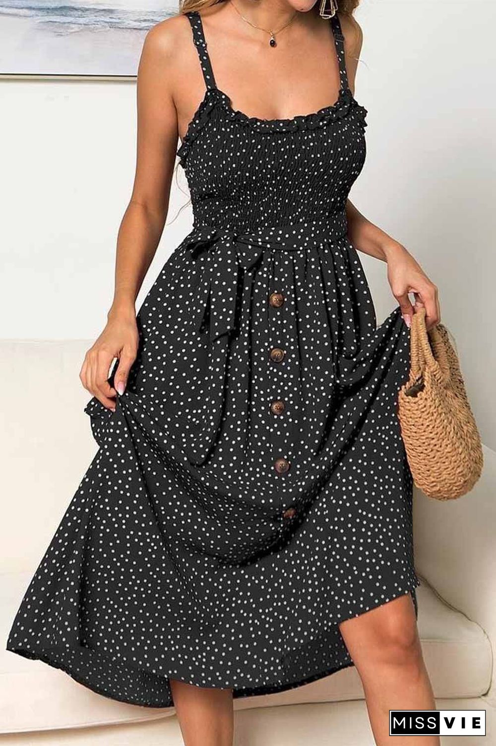 Backless Bandage Dot Design Button Midi Dress