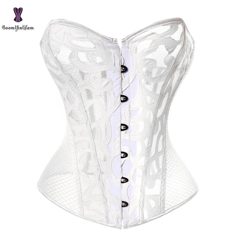 Black Women's Breathable Shapwear Costumes Sexy Transparent Mesh Corselet Hollow Out Corset Bustier Top With G String 930#