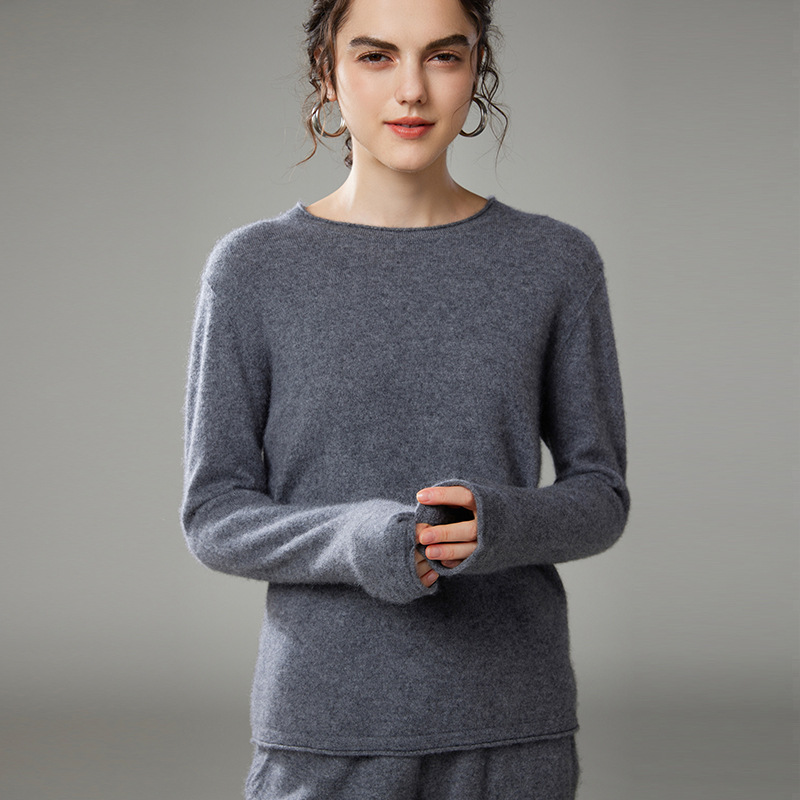 Curled Round Neck Cashmere Sweater REAL SILK LIFE