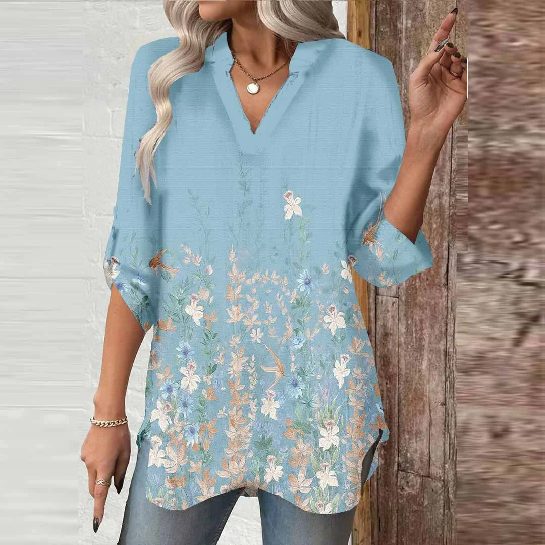 Women Floral,Blue,Pink DZGA0617 3/4 Sleeve V-neck Printed Graphic Button Tops