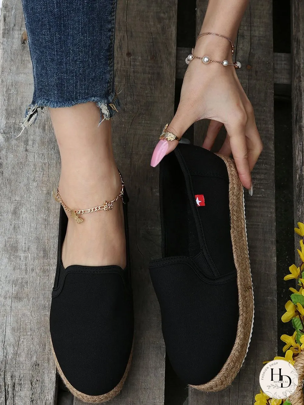 Black White Canvas Straw Platform Loafers