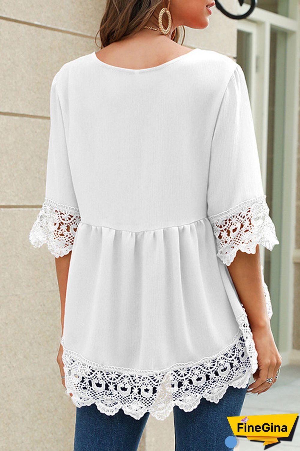 Chiffon Lace Pierced V-Neck Blouse