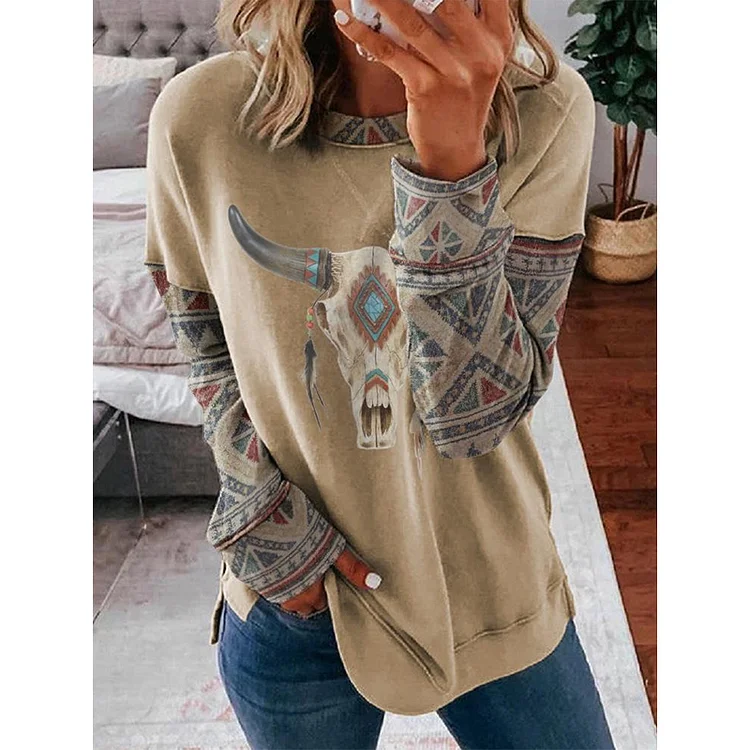 Ethnic Print Long-Sleeved Round Neck Sweater