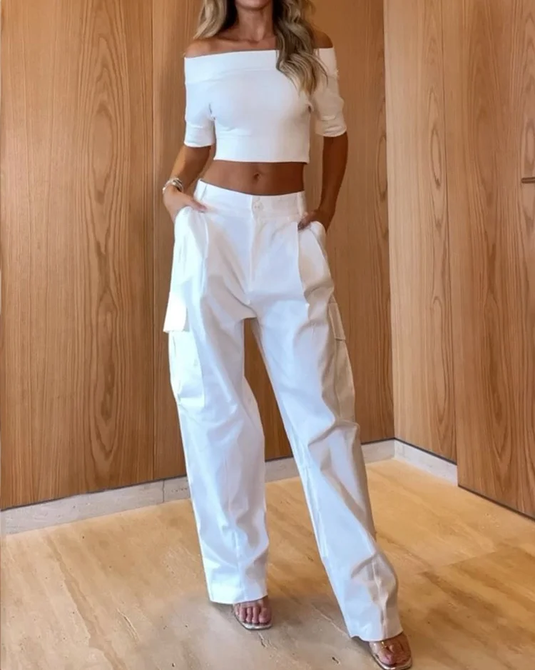 Casual Solid Color One-shoulder Top & Pants Two-piece Set
