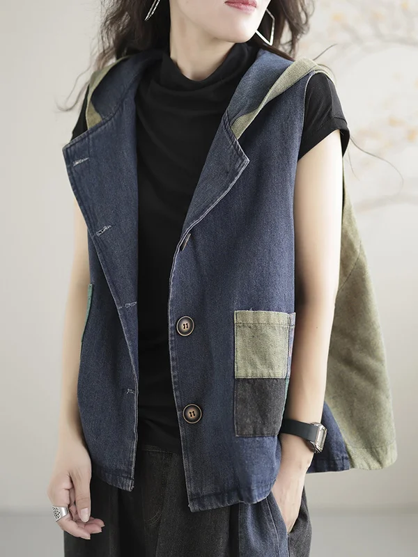 Artistic Retro Loose Denim Sleeveless Buttoned Contrast Color Hooded Vest Outerwear