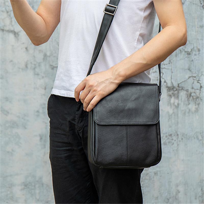 Black Single Tone Foldover Top Adjustable Sling Soft Leather Messenger Bag
