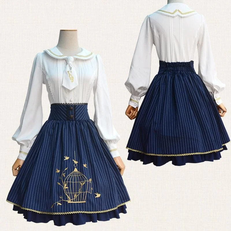 Wine/Blue Stripe Lolita Embroidered Skirt SP179252