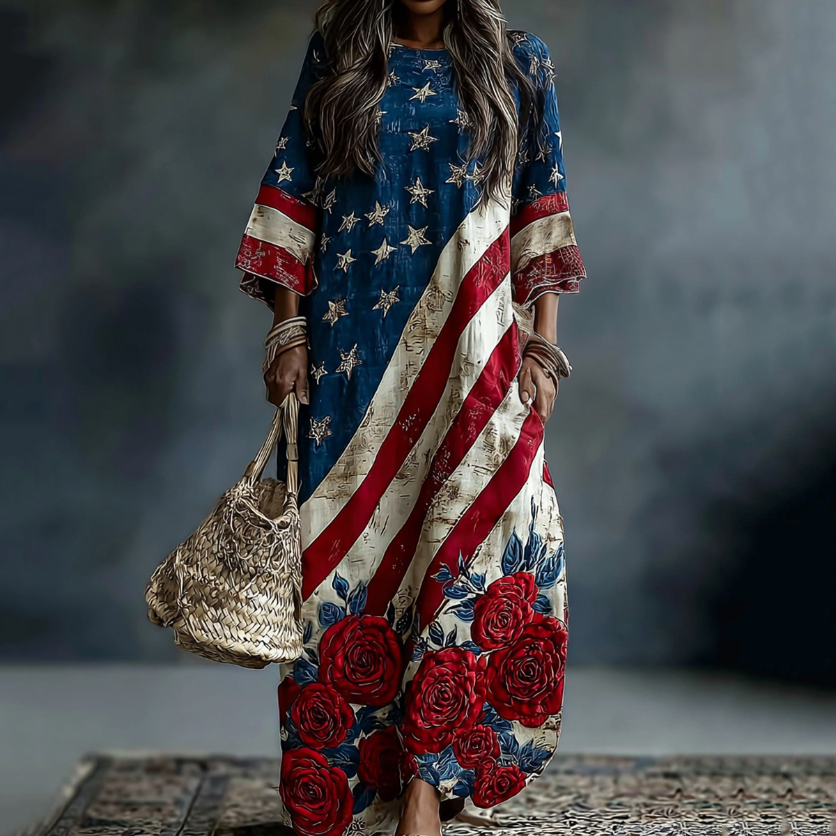  Women's Vintage Floral Flag Patchwork Art Print Dress Westsshops