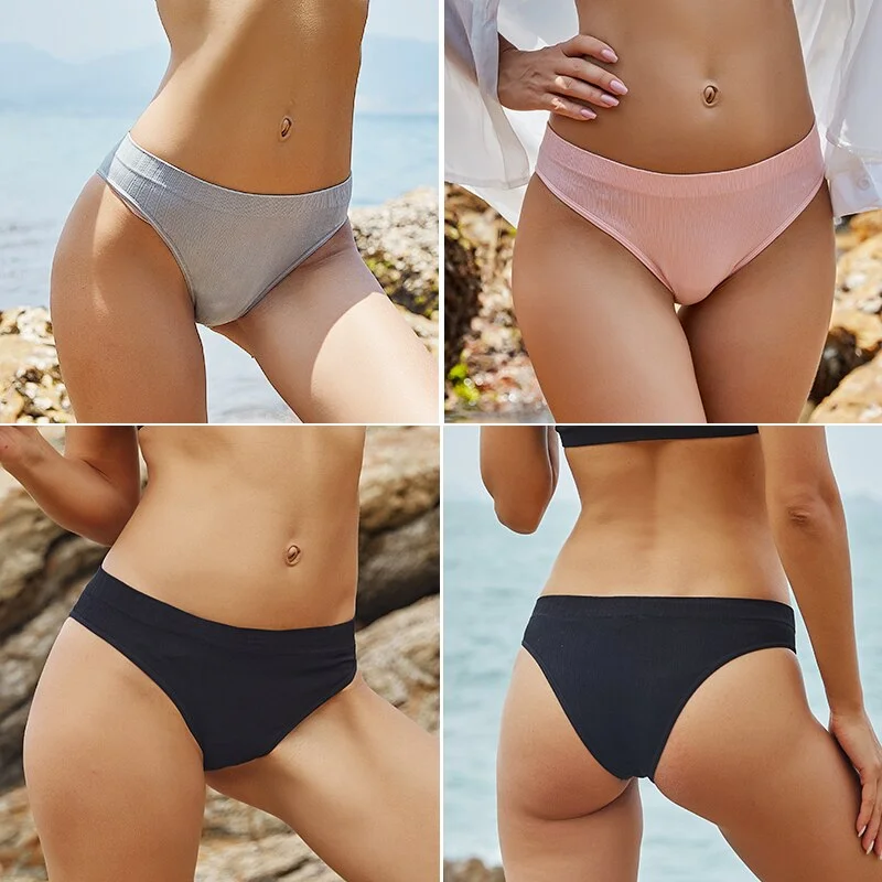 FINETOO 2PCS/Set M-XL Women Seamless Pantys 9 Solid Colors Sexy Brazilian Panties  Midi-Waist Underpants For Girls Fashion Thong