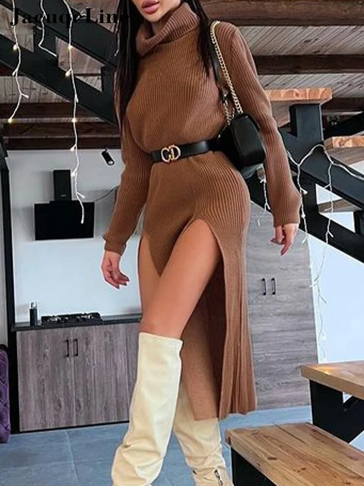 Jacuqeline 2022 Green Knitted Sexy Split Midi Party Dress Women Winter Y2K Turtleneck Long Sleeve Woman Evening Bodycon Dresses
