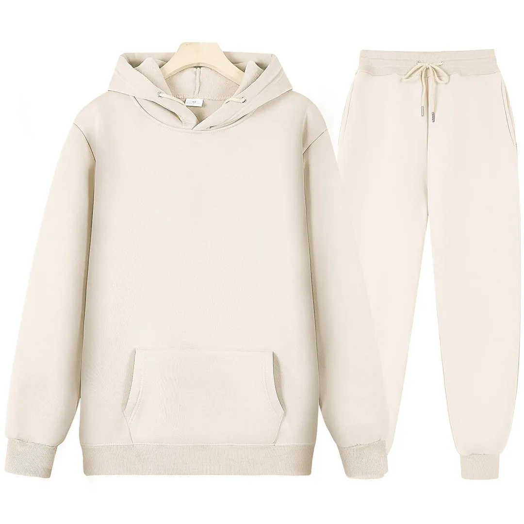 Men's Tracksuit Women Autumn Winter Fashion Fleece Pullovers Casual Sportswear Long Sleeve Solid Loose Hoodies Long Pants Suit
