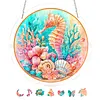 (18.5cm)DIY Acrylic Jigsaw Puzzle Window Hanging with Hanging Chain DIY Stained Glass Decoration Round Window Puzzle Decor for DIY Craft Project (Seahorse)