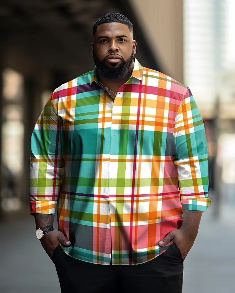 Men's Plus Size Colorful Plaid Casual Long Sleeve Lapel Shirt