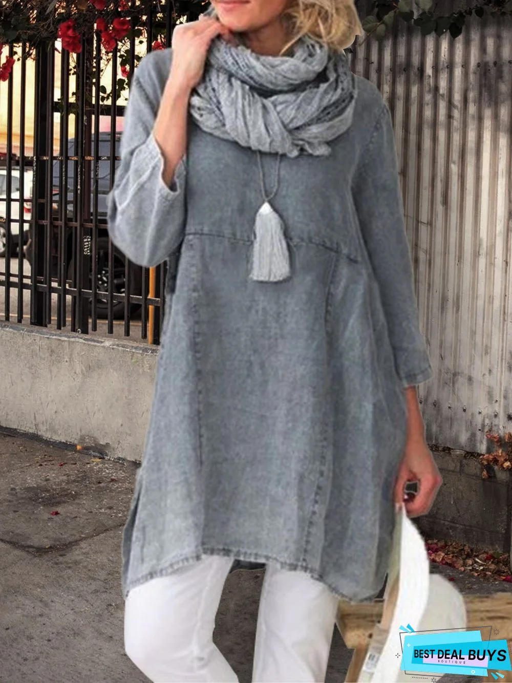 zolucky Plus Size Casual Plain Long Sleeve Linen Dress