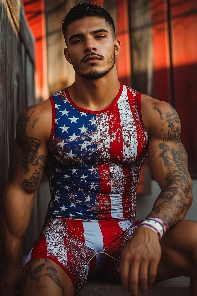 Men's USA Flag Print Tight Fit Sleeveless Festival Singlet Romper [Pre-Order]