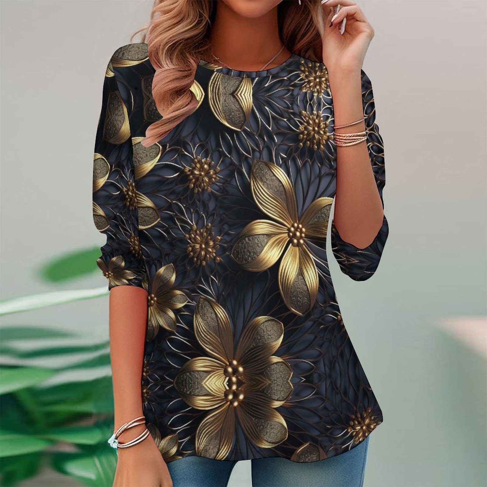 Women Long Sleeve V-neck Graphic Floral Printed Top
