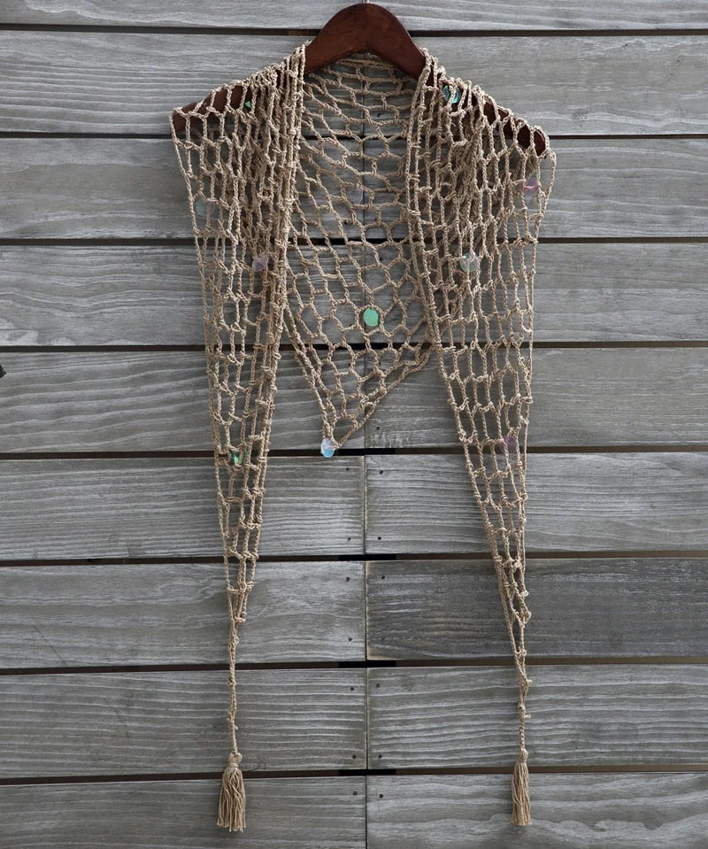 Fitshinling Sequined handmade crochet mesh beach cover up cape swimwear lace sexy hot fringe outerwear bohemian strappy cover-up