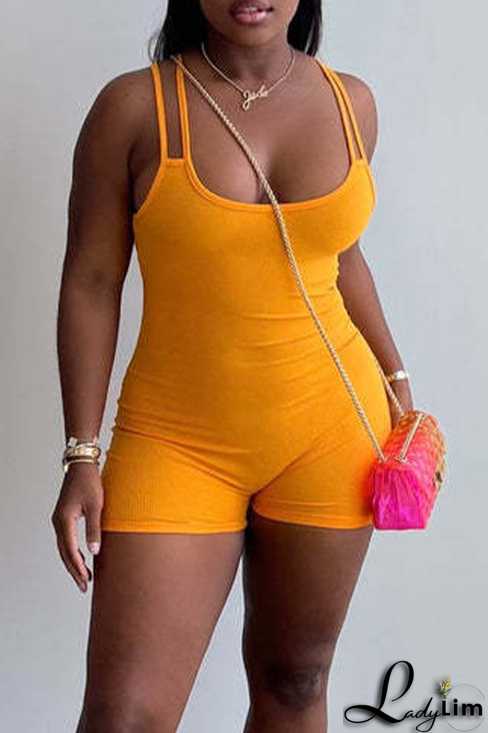 Yellow Sexy Solid Split Joint Spaghetti Strap Skinny Jumpsuits