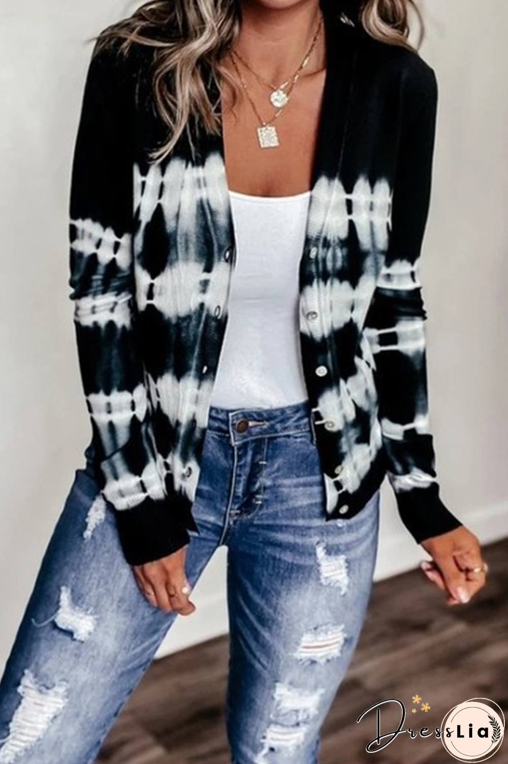 Casual Tie Dye Buckle V Neck Tops Sweater(6 Colors)