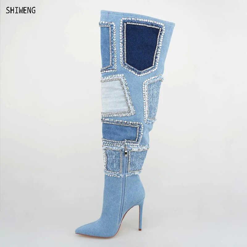 VCSHOES Blue Denim Boots Pointy Toe Stiletto High Heels Spicy Girls Long Boots Over The Knee Patchwork Edging Runway Shoes Zip