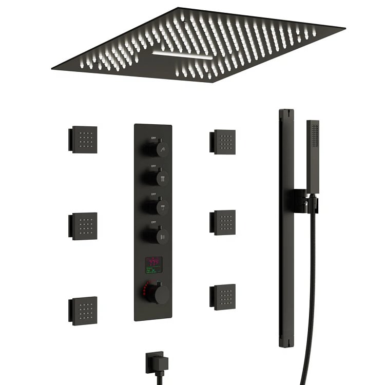 EVERSTEIN 16" Thermostatic Smart Shower System with Digital Display in Matte Black