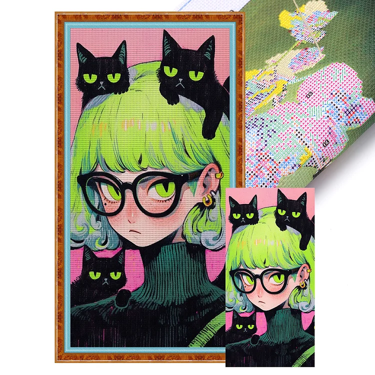 Black Cat Girl - Printed Cross Stitch 11CT 40*80CM
