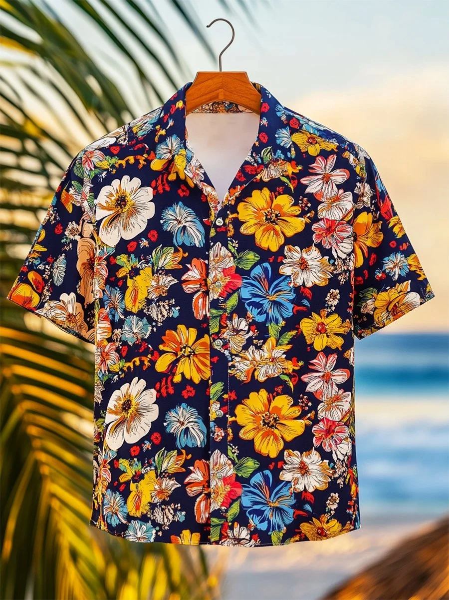 Men's Resort Casual Hawaiian Cuban Collar Short Sleeve Shirt 