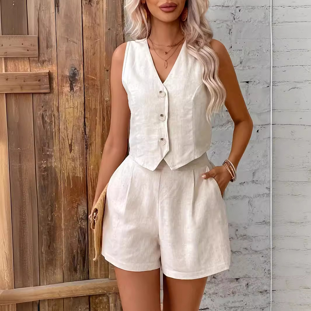 Mature Women French Style Solid Color Casual Vest Shorts Suits