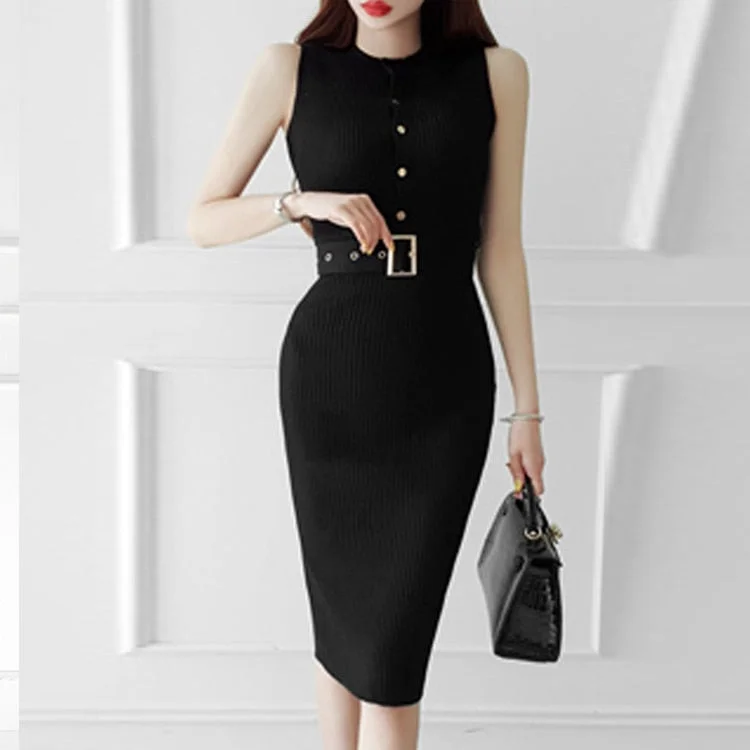 Elegant Slim Simple Stretch Knitting Dress New Summer Women's Dresses Sleeveless Single Breasted Belt Pencil Dress