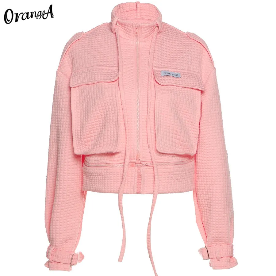 OrangeA Women Summer Winter Fashion Coat Casual Jackets Overcoat Zipper Jacket Warm Cropped Breasted Hip Hop Loose Solid Outwear