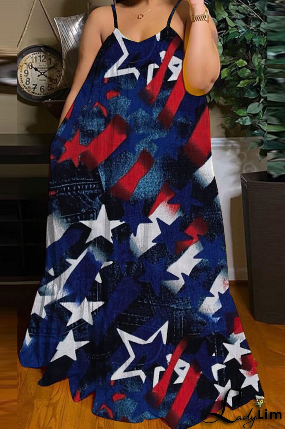 Red White Fashion Casual Print Backless Spaghetti Strap Long Dress