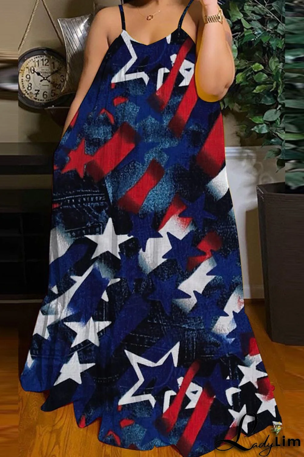Red White Fashion Casual Print Backless Spaghetti Strap Long Dress