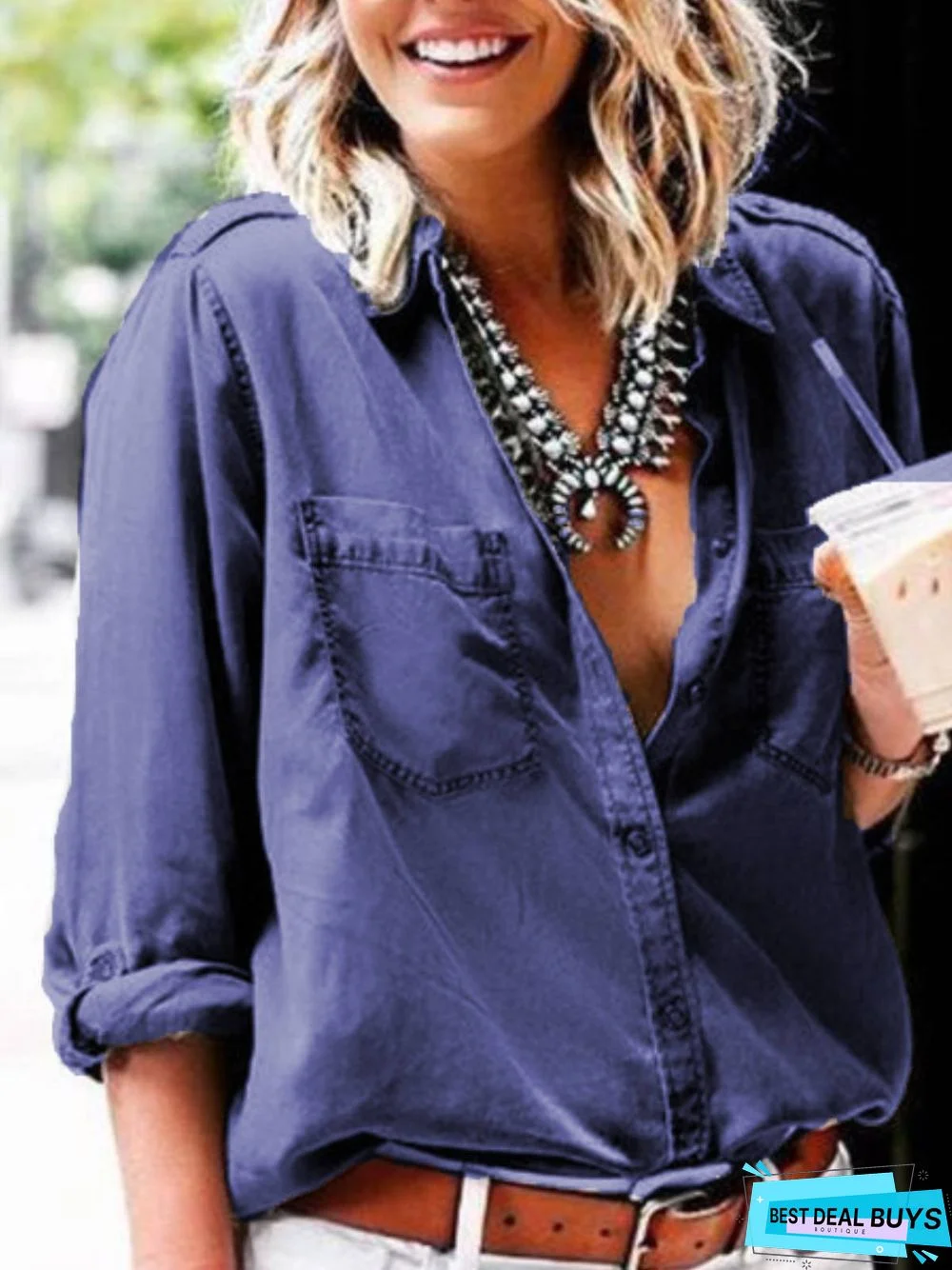 Gray Long Sleeve Cotton Shirt Collar Blouse