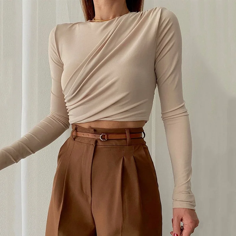 Tawnie 2022 Women V Neck Long Sleeve T Shirt with Shoulder Pads Green Sexy Elegant Autumn Winter Ruched Top Tshirts Casual Brown