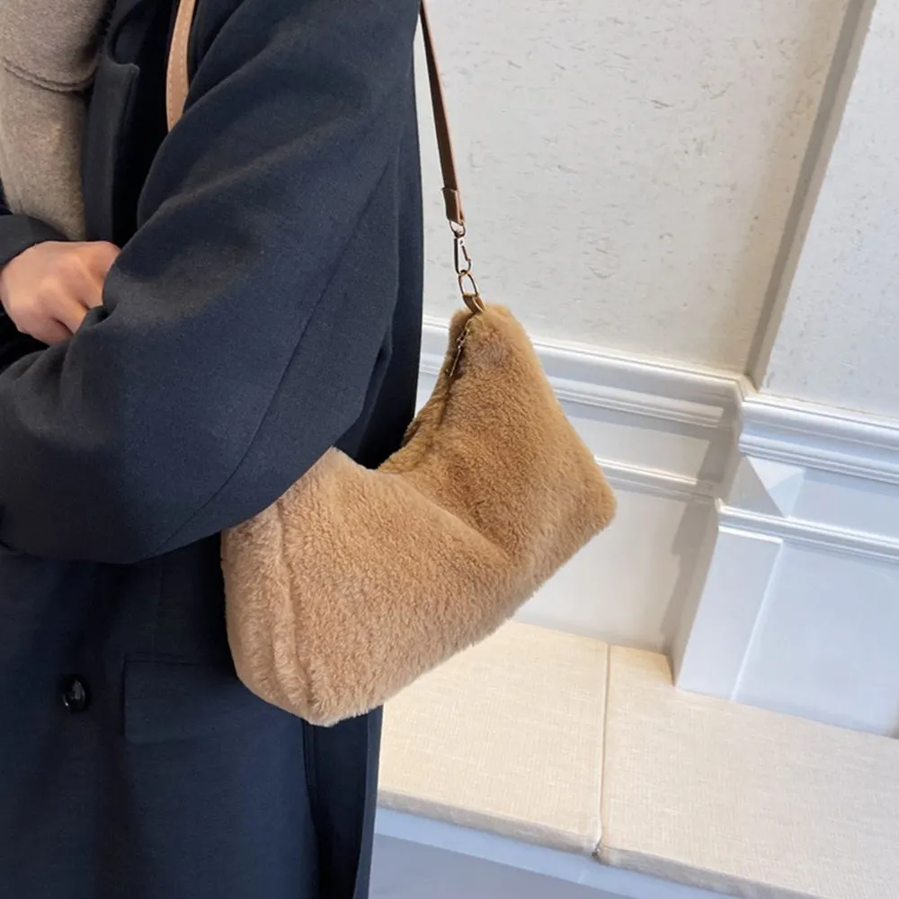 Retro Solid Underarm Bags For Women 2022 Soft Plush Shoulder Bags Female Large Capacity Travel Bag Winter Warm Fluffy Totes Gift