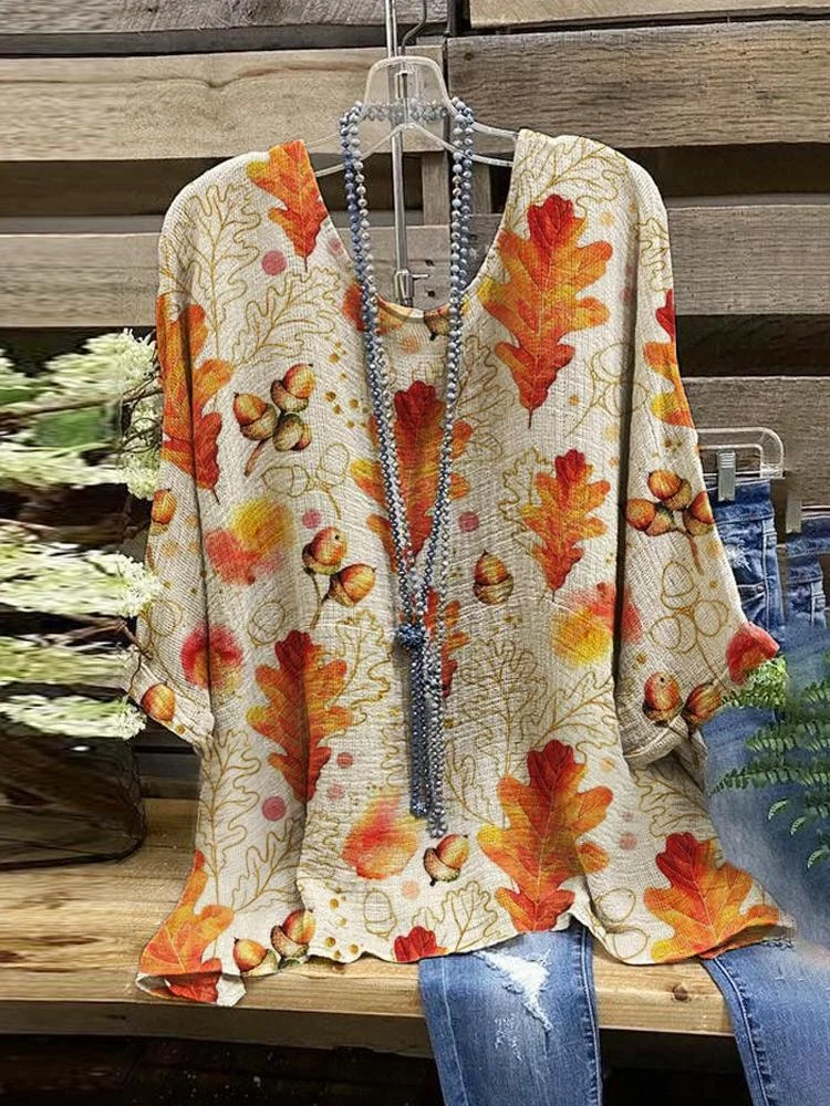 Women's Leaf Printed Round Neck Half Sleeve T-Shirt