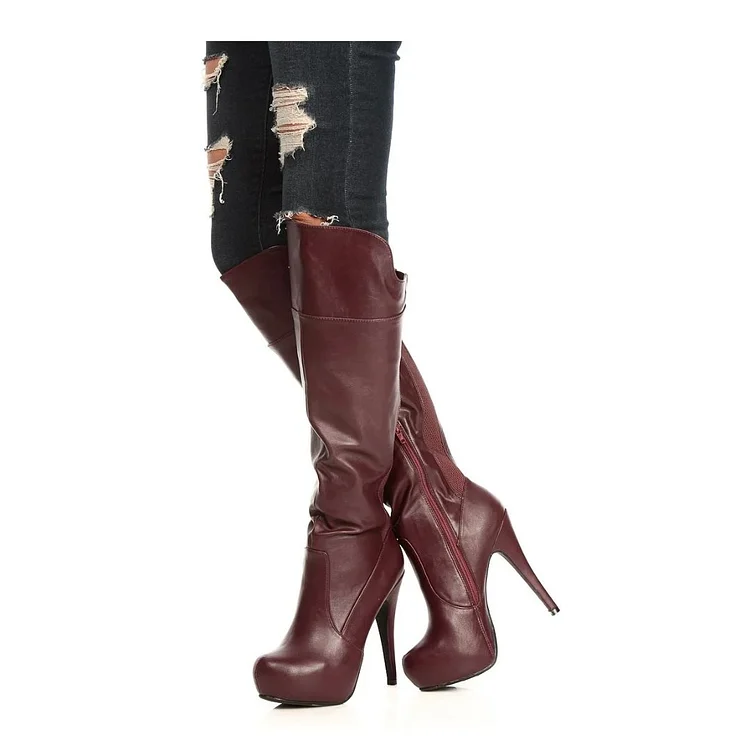 Classic Maroon Round Toe Stiletto Heel Knee Platform Boots |FSJ Shoes